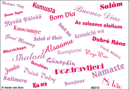 Mot Bonjour en 30 langues polices et tailles différ., bicolore.