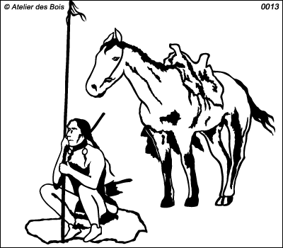Indien en veille avec son cheval, dessin au trait