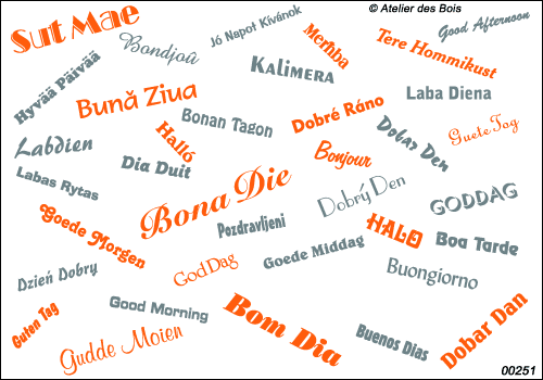 Mot Bonjour en 32 langues européennes, polices différ., bicol.