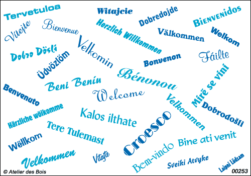 Mot Bienvenue en 32 langues européennes, polices diff, bicolore.