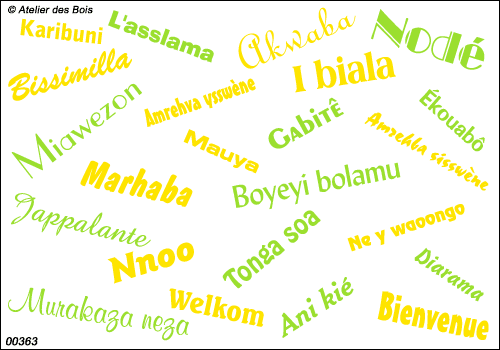 Mot Bienvenue en 23 langues Africaines et Arabes, bicolore.