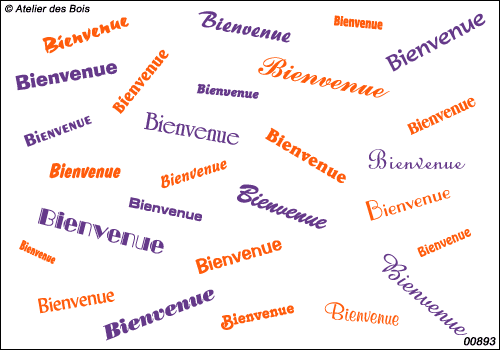 Mot Bienvenue en 27 polices et tailles différentes, bicolore.